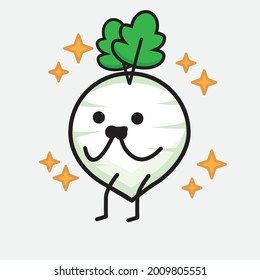 Vector Illustration of White Radish Character with cute face and simple body line drawing on isolated background