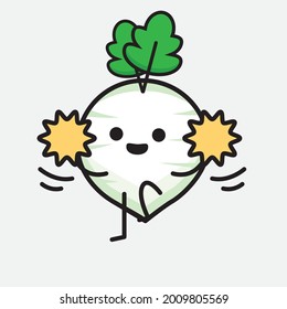 Vector Illustration of White Radish Character with cute face and simple body line drawing on isolated background