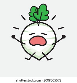 Vector Illustration of White Radish Character with cute face and simple body line drawing on isolated background