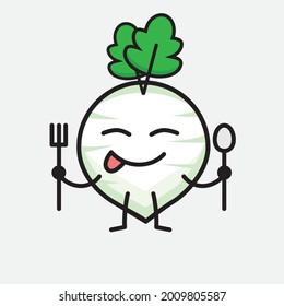 Vector Illustration of White Radish Character with cute face and simple body line drawing on isolated background