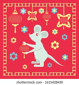Vector illustration with a white rat holding a Chinese lantern in its paws on a background of sakura flowers and lanterns in a frame. Chinese New Year celebration concept. Flat design.
