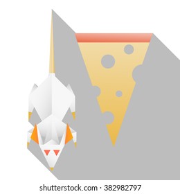 Vector illustration of a white rat with red eyes. Isolated on white background. Diagonal shadow. Paper, Abstract. Modern. Orange. Grey. Triangle. Origami. piece of cheese