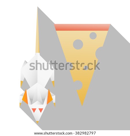 Vector illustration of a white rat with red eyes. Isolated on white background. Diagonal shadow. Paper, Abstract. Modern. Orange. Grey. Triangle. Origami. piece of cheese