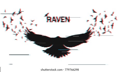 Vector illustration of the white raven silhouette with the fluttering wings on a white background. Glitch error effect. 