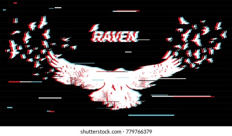 Vector illustration of the white raven silhouette with the fluttering wings on a black background Double exposure with glitch effect. 