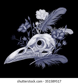 Vector illustration of white raven skull with flowers and feathers isolated on black background. Designed for printing on clothing, accessories, bags, scarves, posters, playbills.