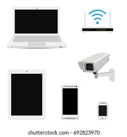 Vector illustration white realistic electronic devices computer, laptop, camera, swatch, smartphone and Wi-Fi router icon set