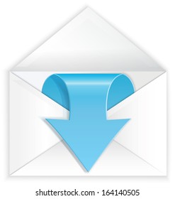 Vector illustration of white realistic envelope with blue shiny arrow coming symbol 