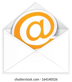 Vector illustration of white realistic envelope with at e mail symbol 