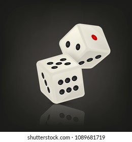 Vector illustration of white realistic game dice icon in flight closeup on black background. Casino gambling design template for app, web, infographics, advertising, mock up etc