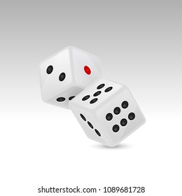 Vector illustration of white realistic game dice icon in flight closeup isolated on white background. Casino gambling design template for app, web, infographics, advertising, mock up etc