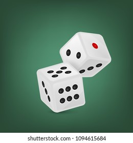 Vector illustration of white realistic game dice icon in flight closeup on green background. Casino gambling design template for app, web, infographics, advertising, mock up etc