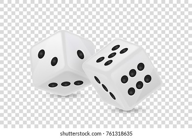 Vector illustration of white realistic game dice icon in flight closeup isolated on transparency grid background. Casino gambling design template for app, web, infographics, advertising, mock up etc