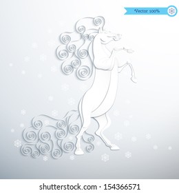 Vector illustration. White rearing horse and snowflakes. Imitation volume paper art. Handmade quilling. Image can be used for New Year's designs. Year of the Horse. Realistic shadows.