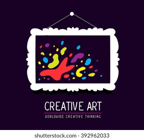Vector illustration of white rectangular frame in modern style within colorful spots  and text on purple background. Art design for web, site, banner, poster, flyer, brochure, board, card, paper print