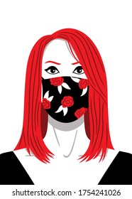 Vector illustration, in white, red and black color, of a medium shot of a beauty woman, with red hair and wearing a flowers print face mask.