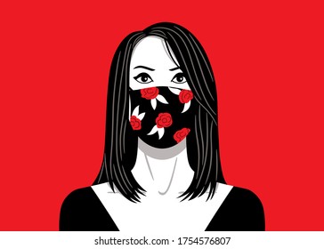 Ilustración vectorial, de color blanco, rojo y negro, de una imagen mediana de una mujer de belleza, de cabello negro y con una máscara de la cara impresa con flores.