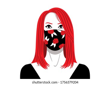 Vektorgrafik, in weißer, roter und schwarzer Farbe, einer mittelgroßen Aufnahme einer Schönheitsfrau, mit rotem Haar und mit einer Blumenmaske.