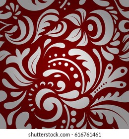 Vector illustration. White and red damask paisley wallpaper. Seamless background, grunge style.