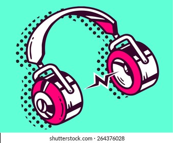 Vector illustration of white and red headphone on green background. Hand draw line art design for web, site, advertising, banner, poster, board and print.