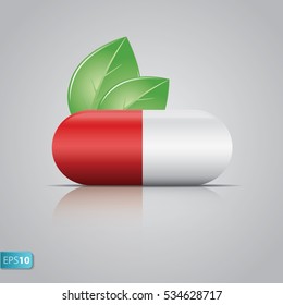 Vector illustration of white red pill with green leaves