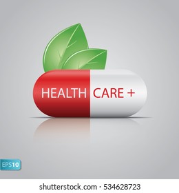 Vector illustration of white red pill with green leaves
