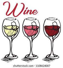 Vector illustration of white, red and rose wine in glass set with lettering