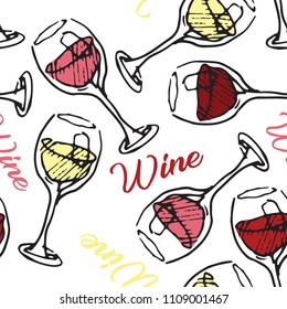 Vector illustration of white, red and rose wine in glass set with lettering pattern