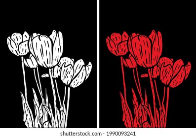 Vector illustration of white and red tulips on a black background. Modern Floral Wall Art.