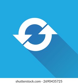 Ilustração vetorial de um símbolo branco de atualização, loop ou reciclagem em um plano de fundo azul brilhante usando um estilo de design plano moderno.