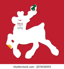 Vector illustration of white reindeer shape greeting card,Christmas decoration,note paper,blank card,sticker,green push pin on red,Invitation,Celebration,Winter holiday,Merry Chirstmas,Happy New Year.