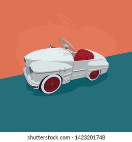 Vector illustration of white retro car with red seat without roof. Background in pastel shades of pink and blue. Status car for recreation and entertainment. Classic style. Flat design