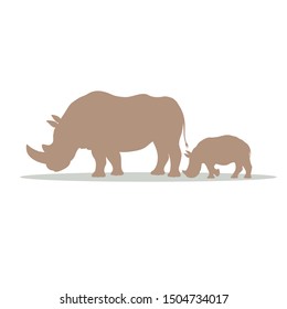 Vector illustration of White Rhinoceros family. Isolated on white background. Endangered species. African animals.  