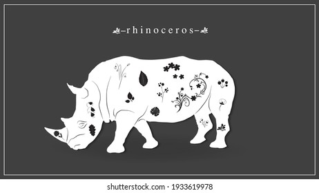 Vector illustration of white rhinoceros with flowers and plants. EPS 10.