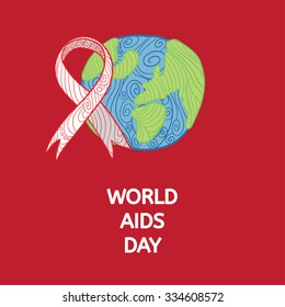 Vector illustration with white ribbon - AIDS, HIV, heart disease, stroke awereness sign. white AIDS ribbon with ornaments on rey background and world.
