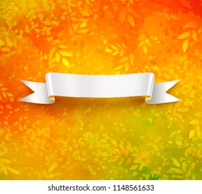 Vector illustration of white ribbon banner on autumn leaves grunge background.