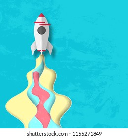 Vector illustration of white rocket paper art style launch to the sky. Isolated grunge on pastel background. Business concept of Startup.