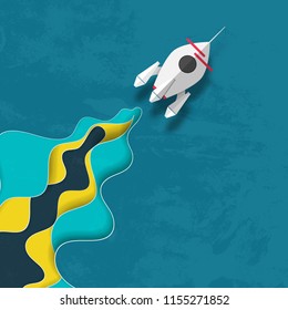 Vector illustration of white rocket paper art style launch to the sky. Isolated grunge on pastel background. Business concept of Startup.
