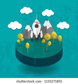 Vector illustration of white rocket paper art style launch to the sky. Isolated grunge on pastel background with cloud. Business concept of Startup.