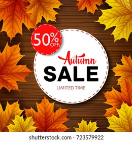 Vector illustration of White round frame with autumn sales on wooden background