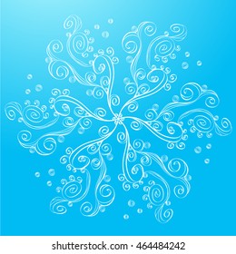 Vector illustration. White sea mandala on blue background hand drawn. Blue and white geometric pattern with abstract shells and waves. 