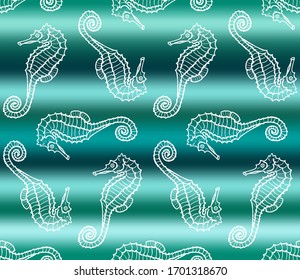 Vector illustration of white seahorse on green gradient sea wave background. Seamless pattern with hand drawn sea dragon