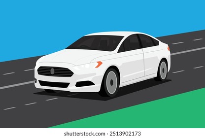 Vector illustration of a white sedan luxury car on the road.