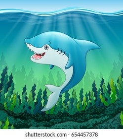 Vector illustration of White shark cartoon underwater