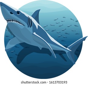 Vector Illustration Of White Shark. Great White Shark In Deep Blue Ocean