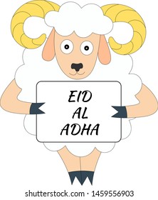 Vector illustration of a white sheep with a white board for muslim holiday Eid al-Adha