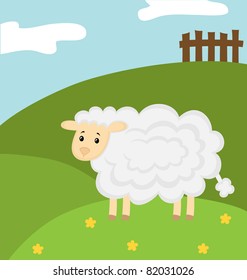 Vector illustration. The white sheep walks on a flower meadow