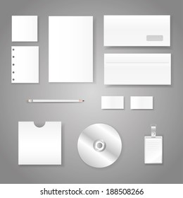 vector illustration of white sheets, business cards, paper, disk, pencil on gray background