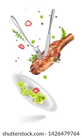 vector illustration of white shiny plate on a white background with a knife, fork and meat