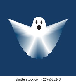 Vector Illustration of white shocked surprised ghost. Halloween spooky monster, scary spirit or poltergeist flying in night.